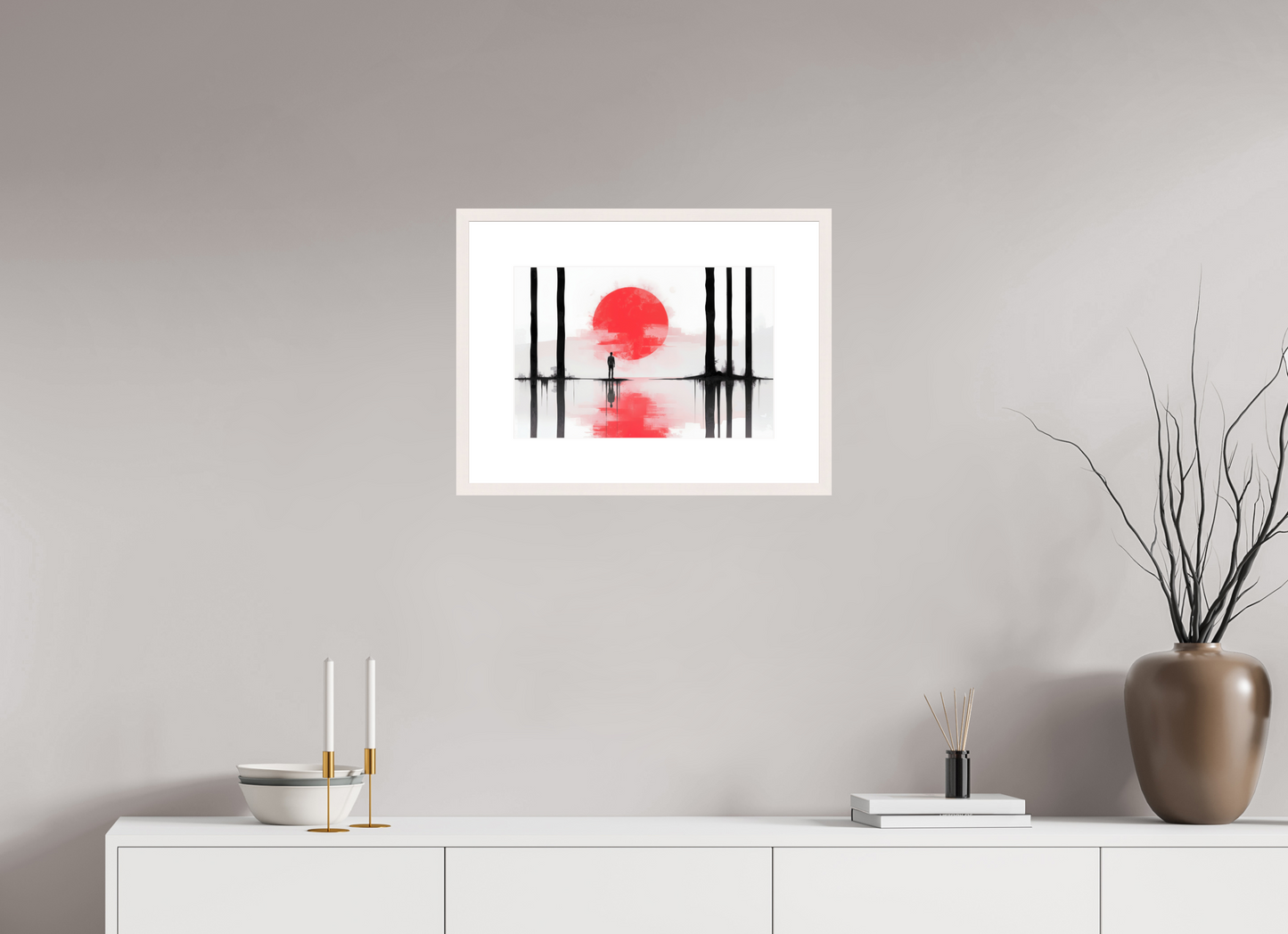 45 x 30 cm, Fine Art Print gerahmt Rote Sonne, Stille Küste