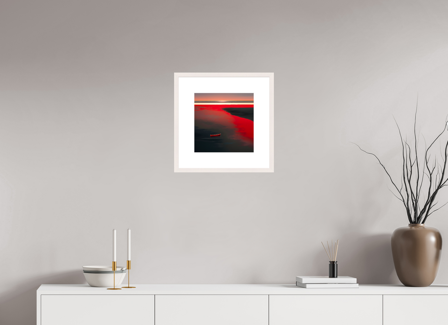30 x 30 cm, Fine Art Print gerahmt Allein im Rot