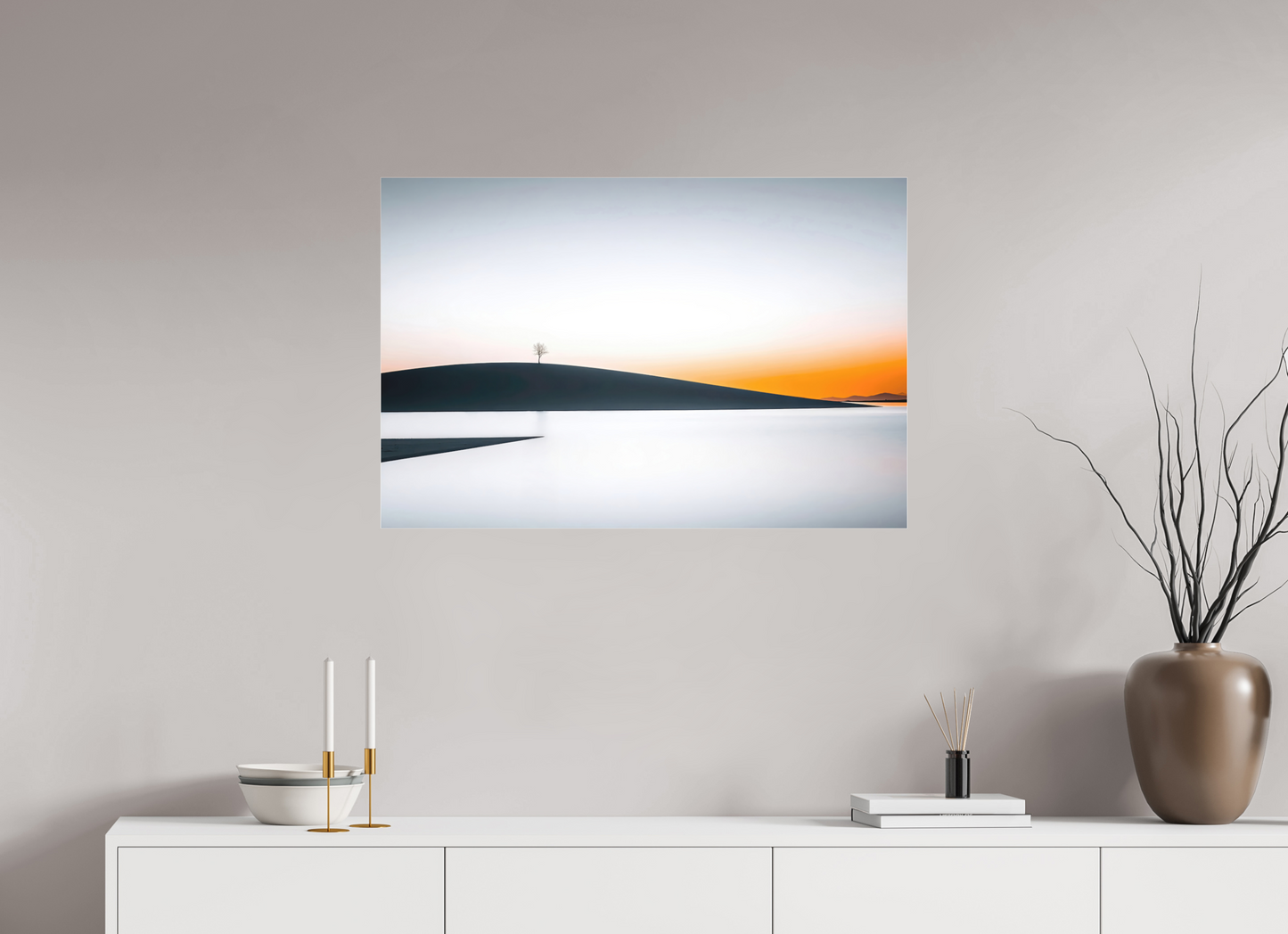 90 x 60 cm, Fine Art Pigmentdruck hinter Acrylglas Einsamer Baum im Abendlicht—Wandkunst, Fine Art Print, Leinwand, Acryldruck, Alu-Dibond