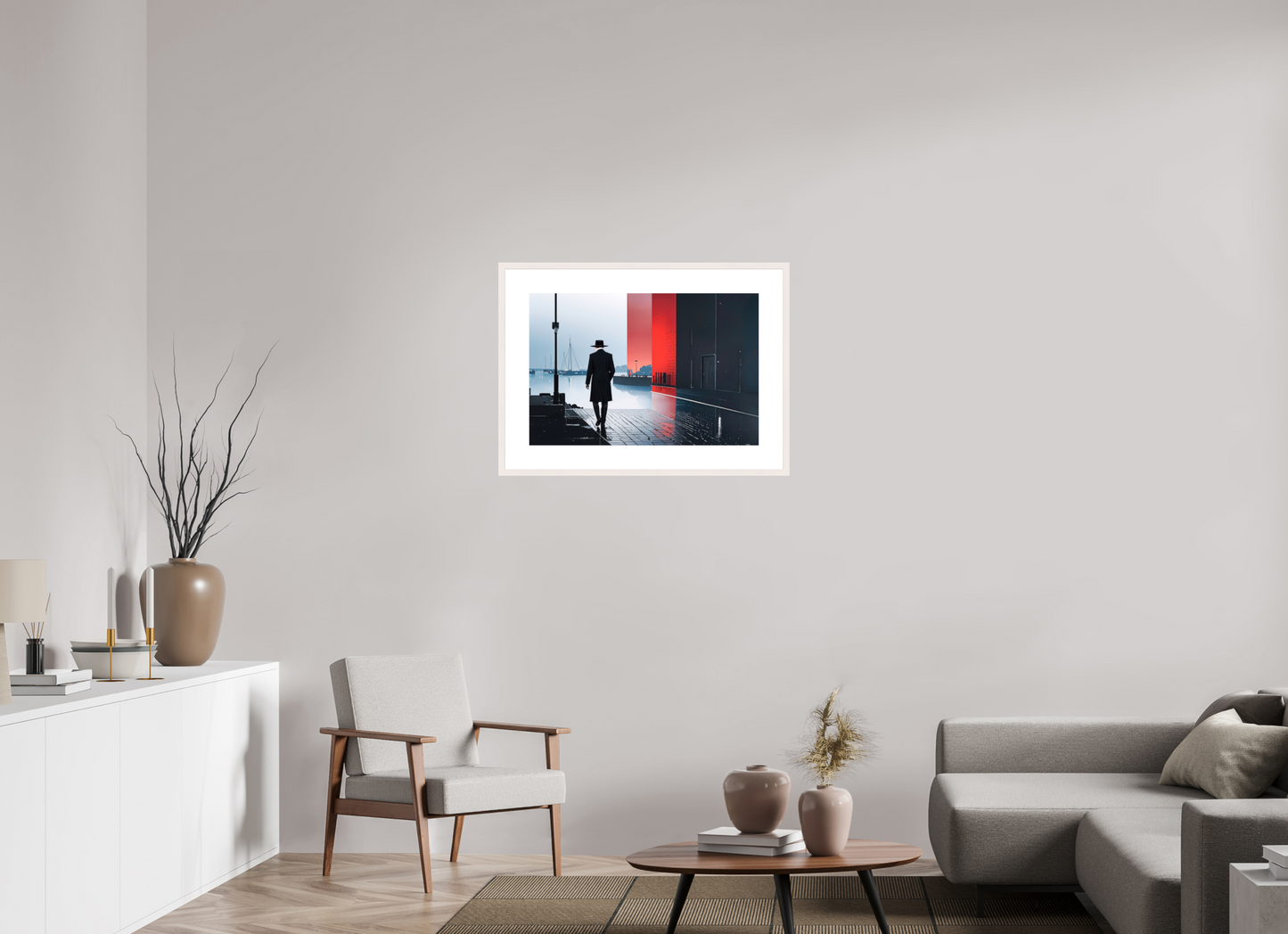 75 x 50 cm, Fine Art Print gerahmt Mann in Hafenstadt -noir city- 01