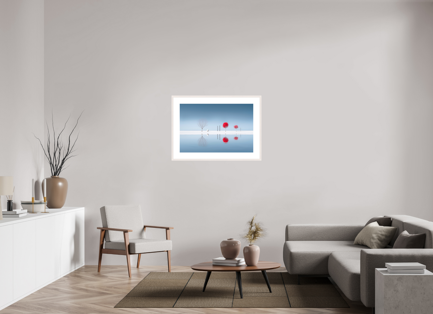 90 x 60 cm, Fine Art Print gerahmt Rote Stille am Ufer