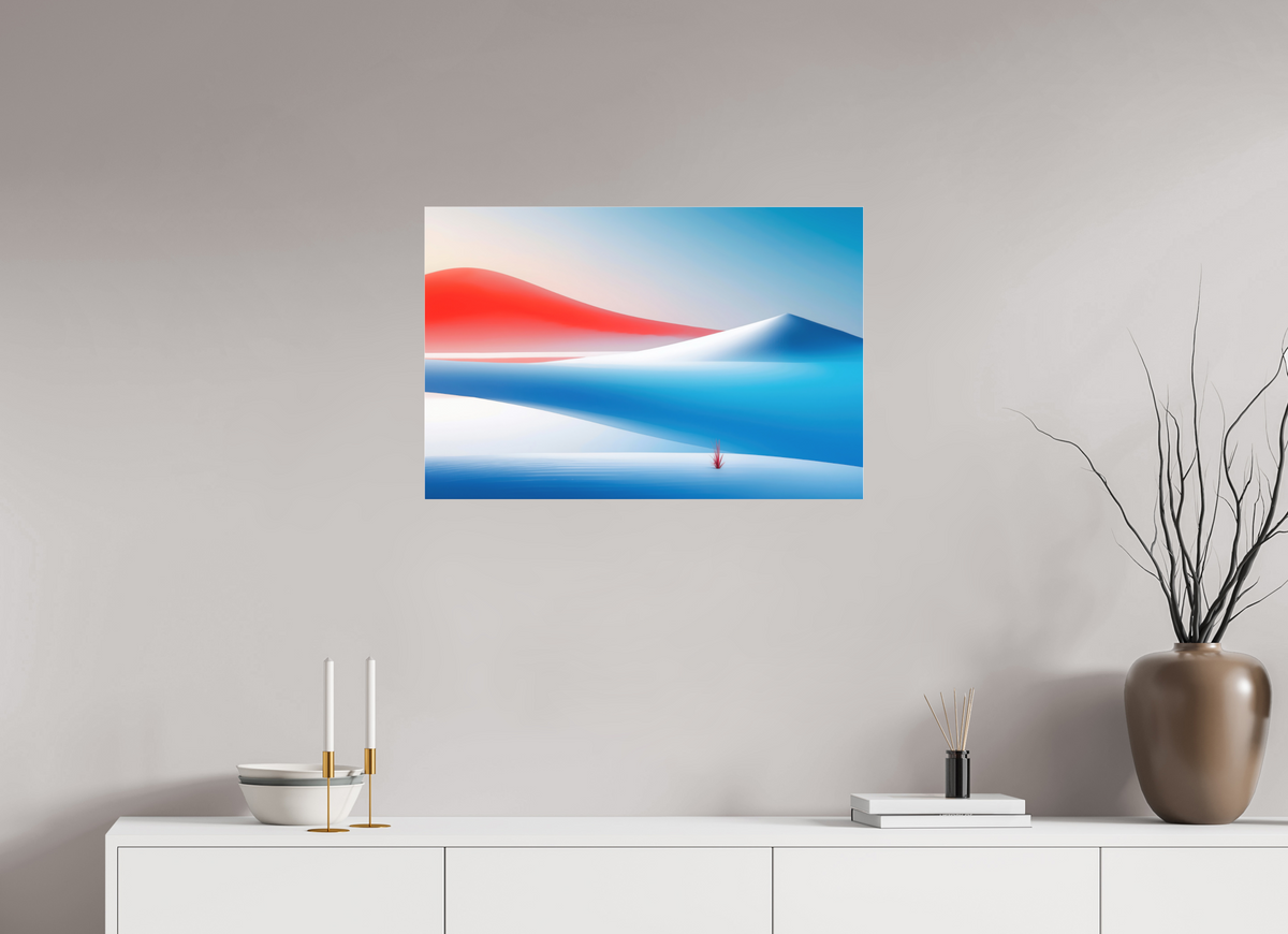 75 x 50 cm, Fine Art Pigmentdruck hinter Acrylglas Rotes Leuchten, blaue Stille—Wandkunst, Fine Art Print, Leinwand, Acryldruck, Alu-Dibond