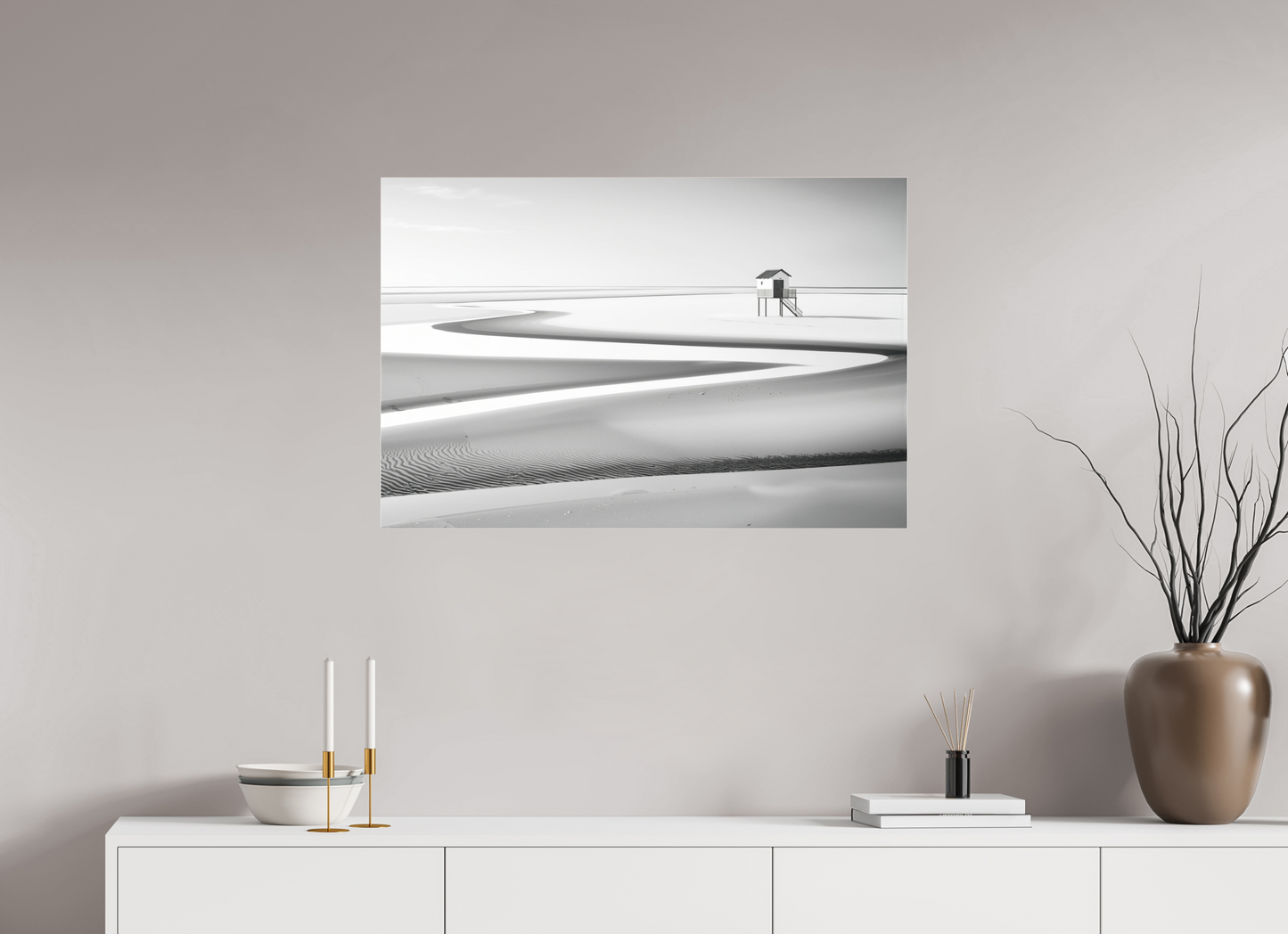 90 x 60 cm, Fine Art Pigmentdruck hinter Acrylglas Pfahlhaus im Wattenmeer-01