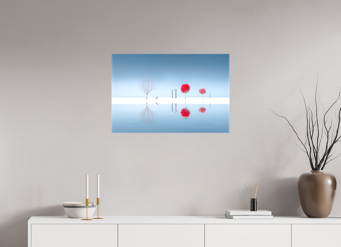 75 x 50 cm, Leinwand glänzend Rote Stille am Ufer—Wandkunst, Fine Art Print, Leinwand, Acryldruck, Alu-Dibond
