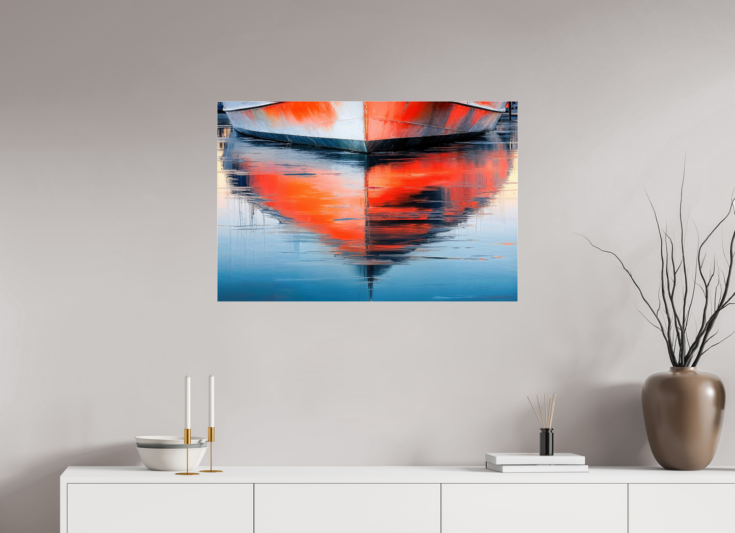 90 x 60 cm, Acrylglas glänzend standard Wasserspiegelung Bootsrumpf-01—Wandkunst, Fine Art Print, Leinwand, Acryldruck, Alu-Dibond