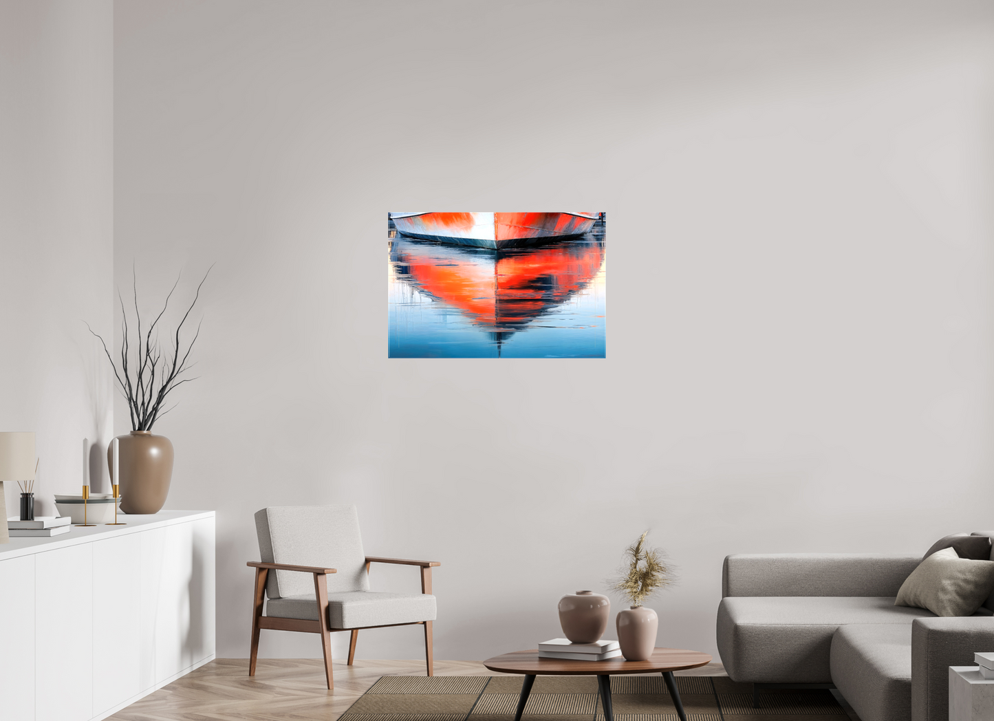 90 x 60 cm, Leinwand glänzend Wasserspiegelung Bootsrumpf-01—Wandkunst, Fine Art Print, Leinwand, Acryldruck, Alu-Dibond