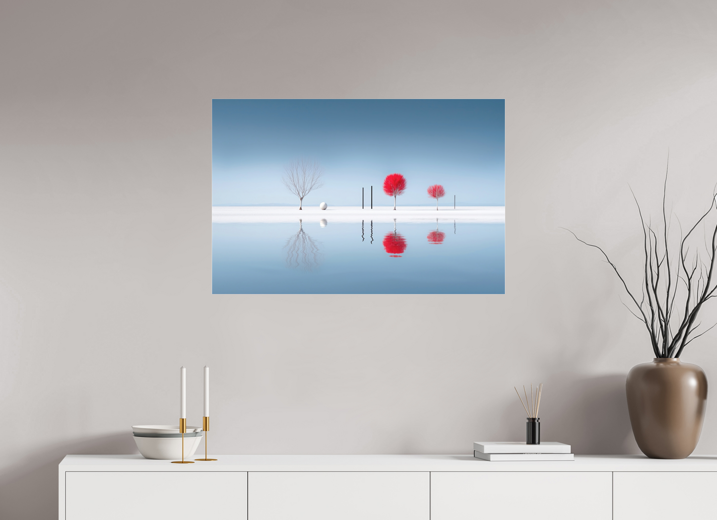90 x 60 cm, Fine Art Pigmentdruck hinter Acrylglas Rote Stille am Ufer—Wandkunst, Fine Art Print, Leinwand, Acryldruck, Alu-Dibond
