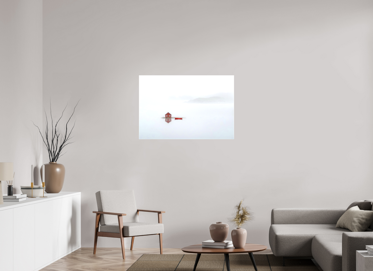 105 x 70 cm, Leinwand glänzend Im Küstennebel ein Zuhause--Wandkunst, Fine Art Print, Leinwand, Acryldruck, Alu-Dibond