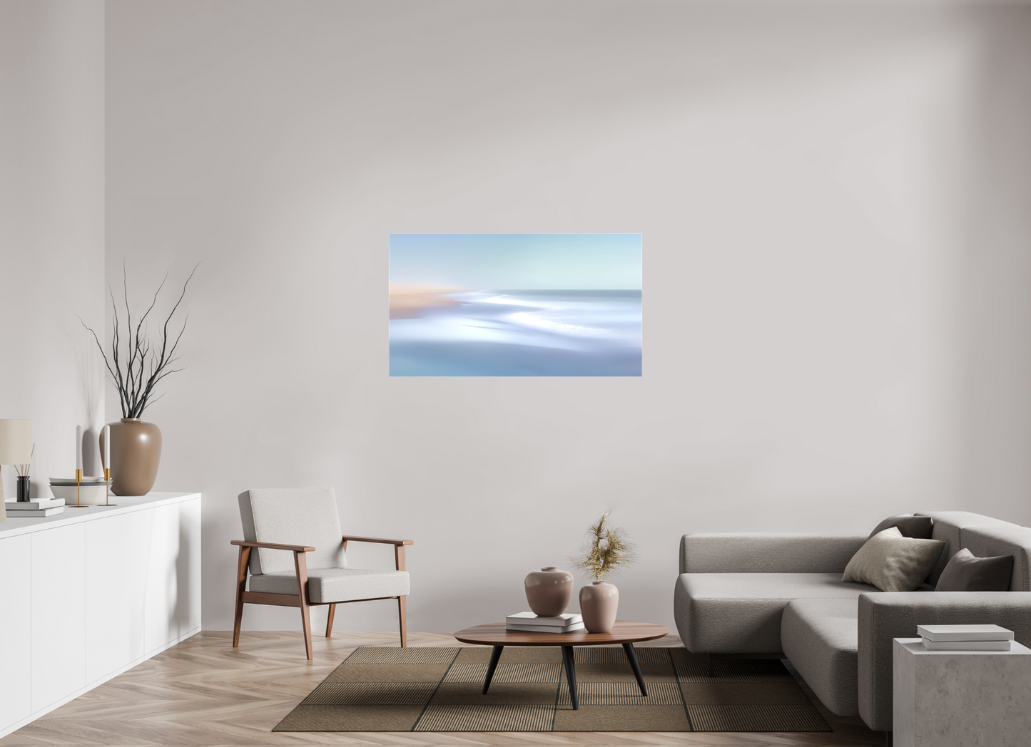 128 x 72 cm, Leinwand glänzend Verwehter Horizont – Strandlicht in Blau—Wandkunst, Fine Art Print, Leinwand, Acryldruck, Alu-Dibond