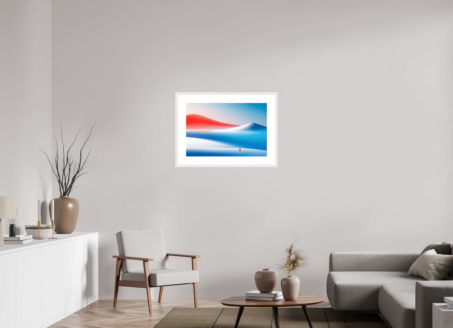 75 x 50 cm, Fine Art Print gerahmt Rotes Leuchten, blaue Stille