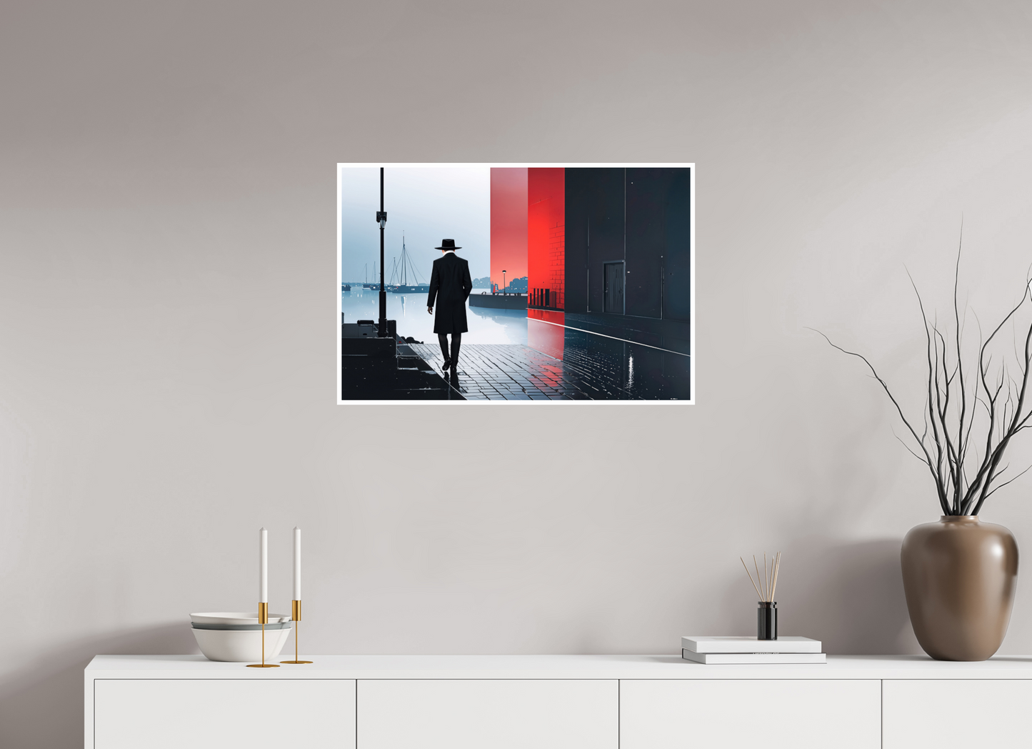 75 x 50 cm, Fine Art Print Hahnemühle Baryta Mann in Hafenstadt -noir city- 01