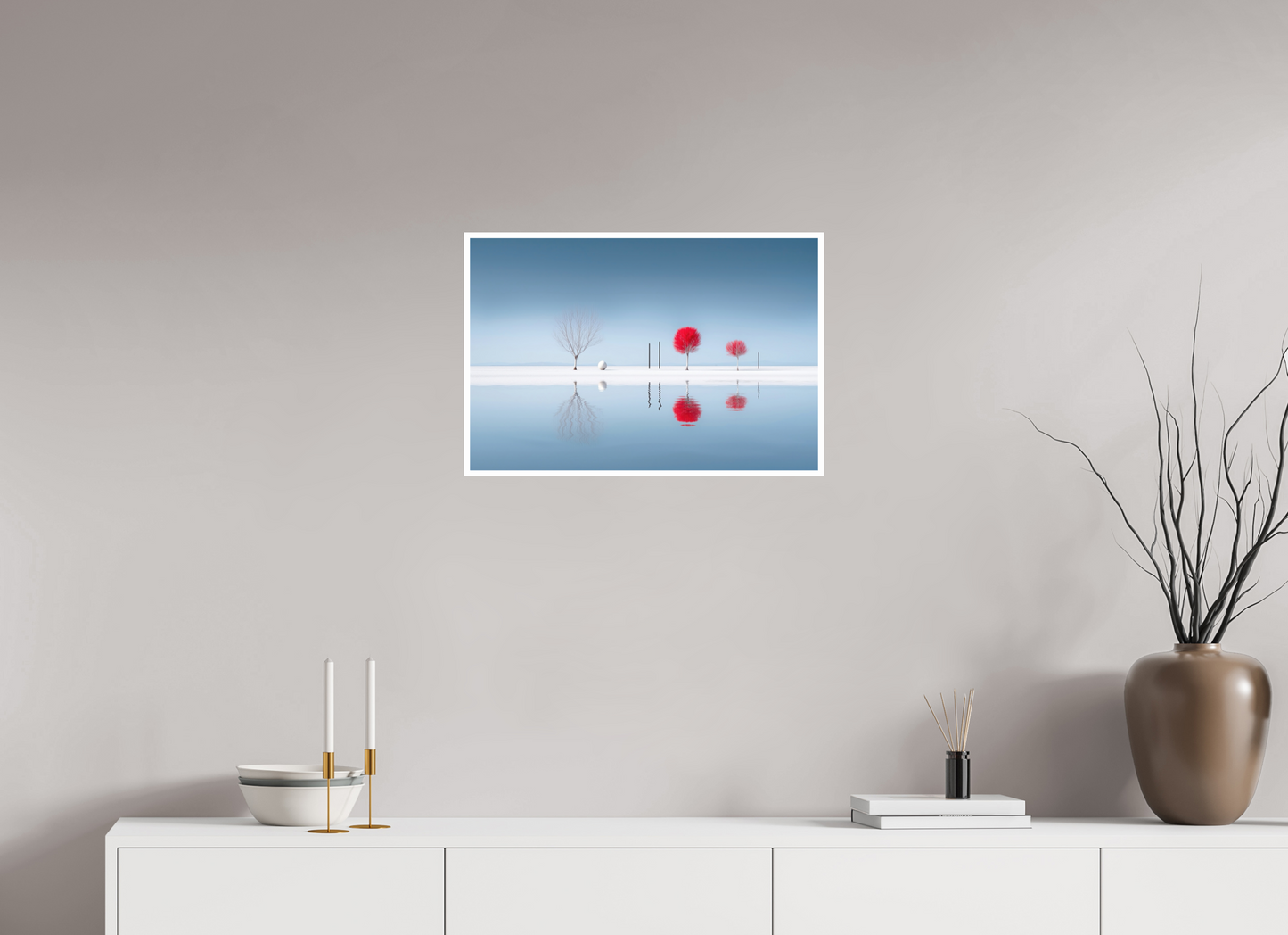 60 x 40 cm, Fine Art Print Hahnemühle Baryta Rote Stille am Ufer—Wandkunst, Fine Art Print, Leinwand, Acryldruck, Alu-Dibond