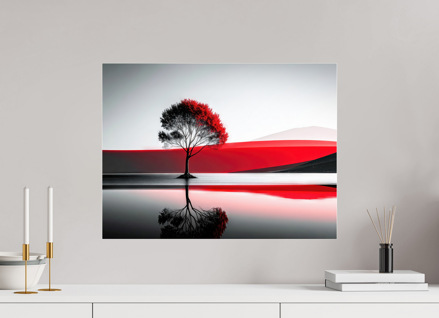 60 x 45 cm, Acrylglas glänzend standard Baum am Ufer surreal-01—Wandkunst, Fine Art Print, Leinwand, Acryldruck, Alu-Dibond