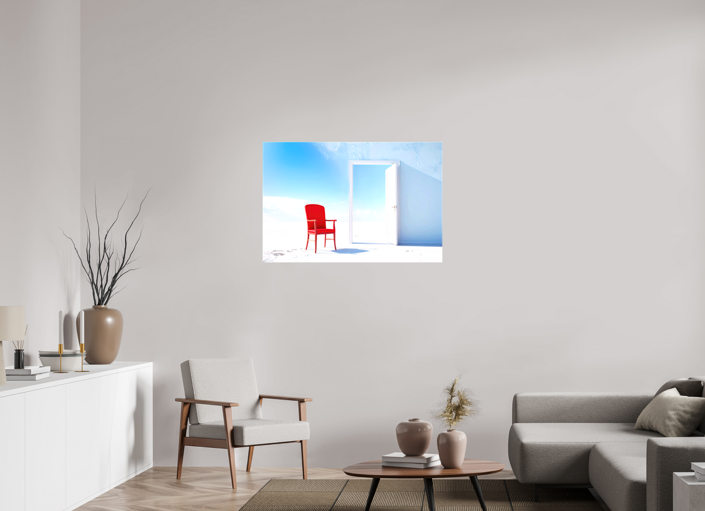 105 x 70 cm, Leinwand glänzend Blick durch die Tür surreal-02—Wandkunst, Fine Art Print, Leinwand, Acryldruck, Alu-Dibond