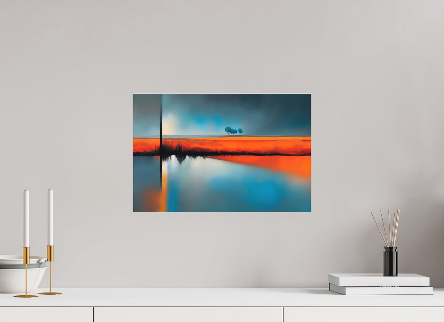 45 x 30 cm, Fine Art Pigmentdruck hinter Acrylglas Blauer Halt am roten Ufer—Wandkunst, Fine Art Print, Leinwand, Acryldruck, Alu-Dibond