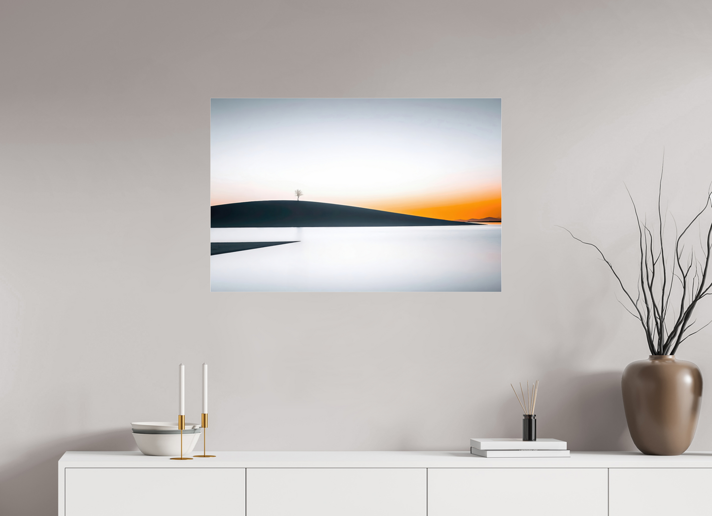 90 x 60 cm, Acrylglas glänzend standard Einsamer Baum im Abendlicht—Wandkunst, Fine Art Print, Leinwand, Acryldruck, Alu-Dibond