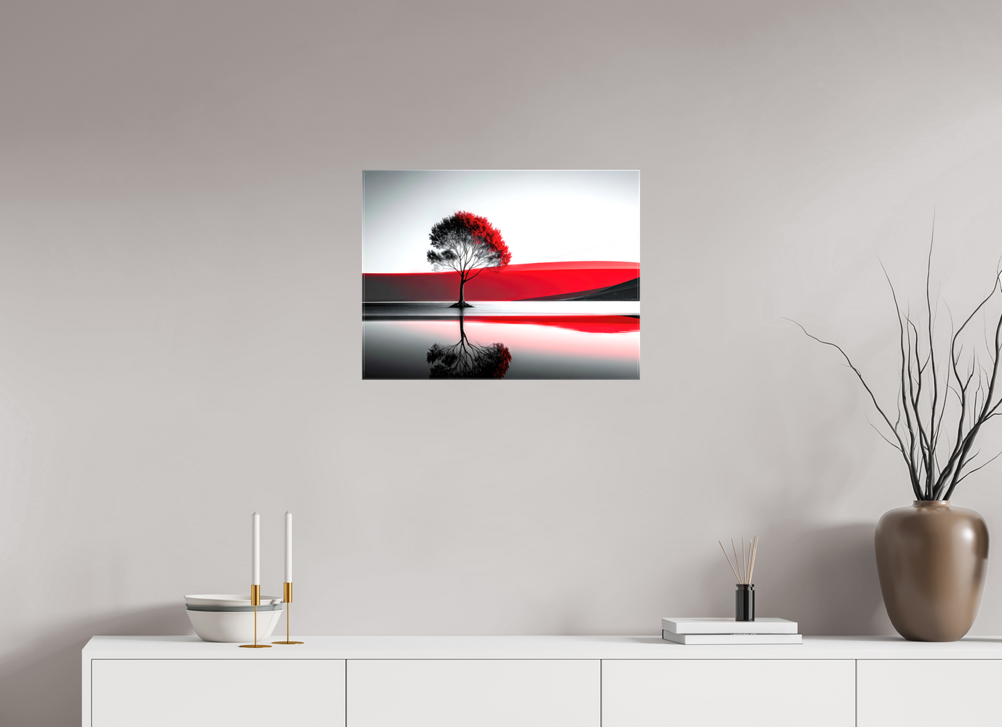 60 x 45 cm, Leinwand glänzend Baum am Ufer surreal-01—Wandkunst, Fine Art Print, Leinwand, Acryldruck, Alu-Dibond