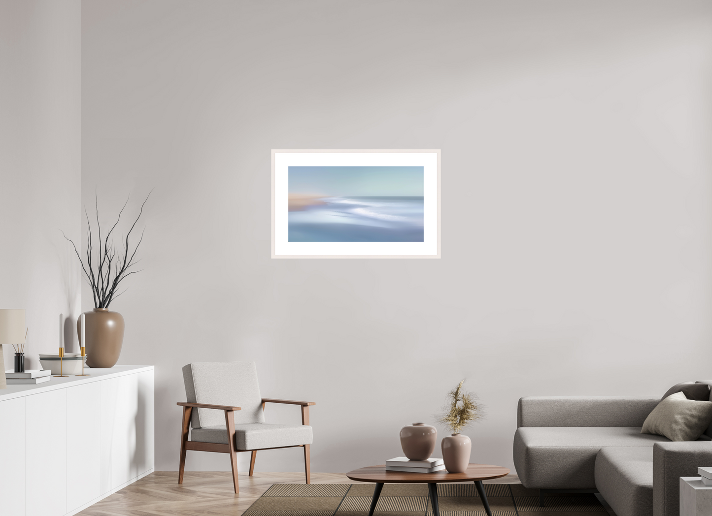 80 x 45 cm, Fine Art Print gerahmt Verwehter Horizont – Strandlicht in Blau