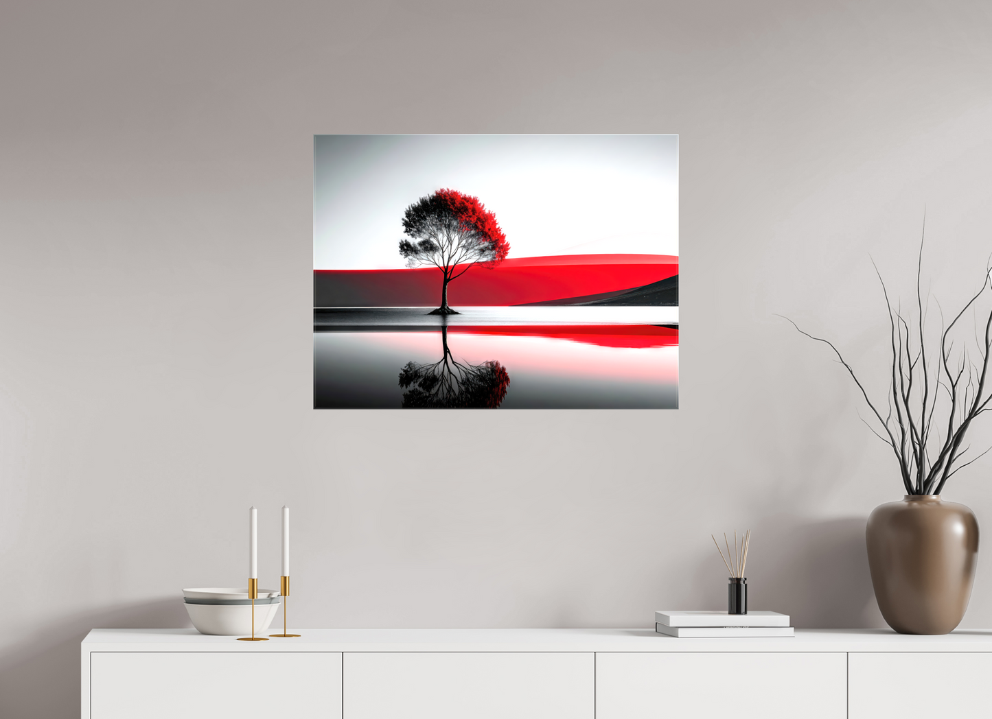 80 x 60 cm, Leinwand glänzend Baum am Ufer surreal-01—Wandkunst, Fine Art Print, Leinwand, Acryldruck, Alu-Dibond