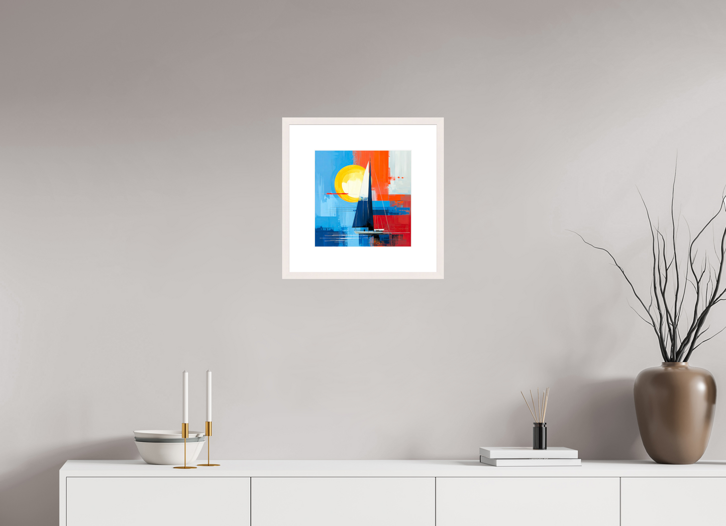 30 x 30 cm, Fine Art Print gerahmt Segelboot-Kunst – Licht, Farbe und Bewegung