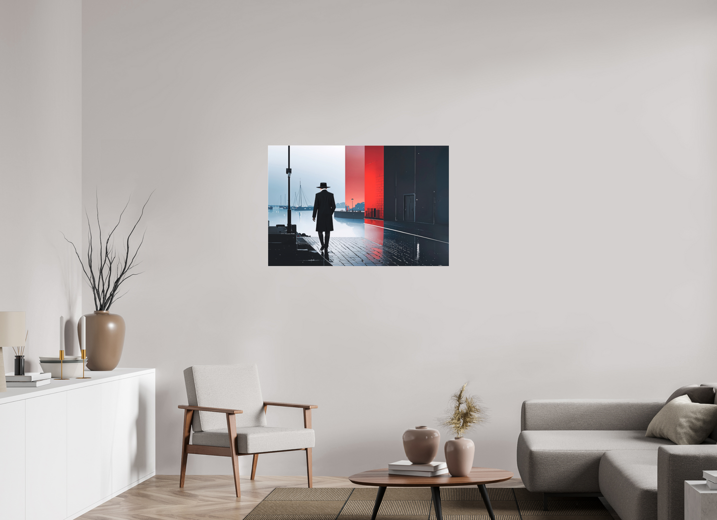 105 x 70 cm, Fine Art Pigmentdruck hinter Acrylglas Mann in Hafenstadt -noir city- 01