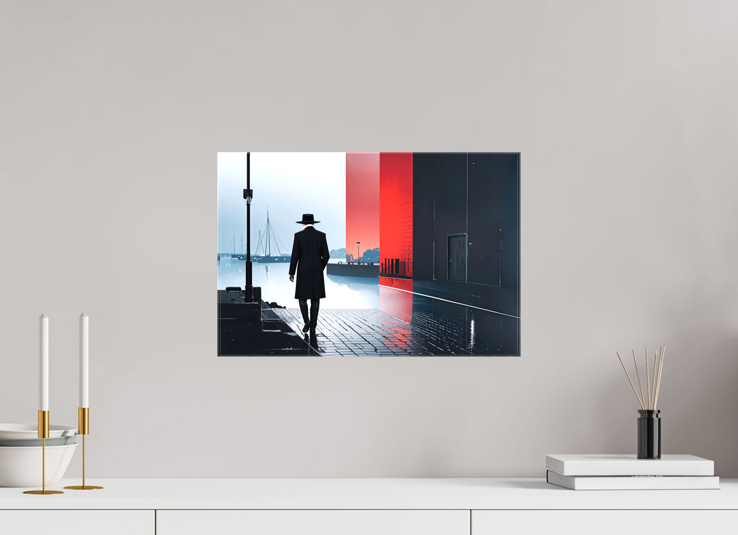 45 x 30 cm, Leinwand glänzend Mann in Hafenstadt -noir city- 01