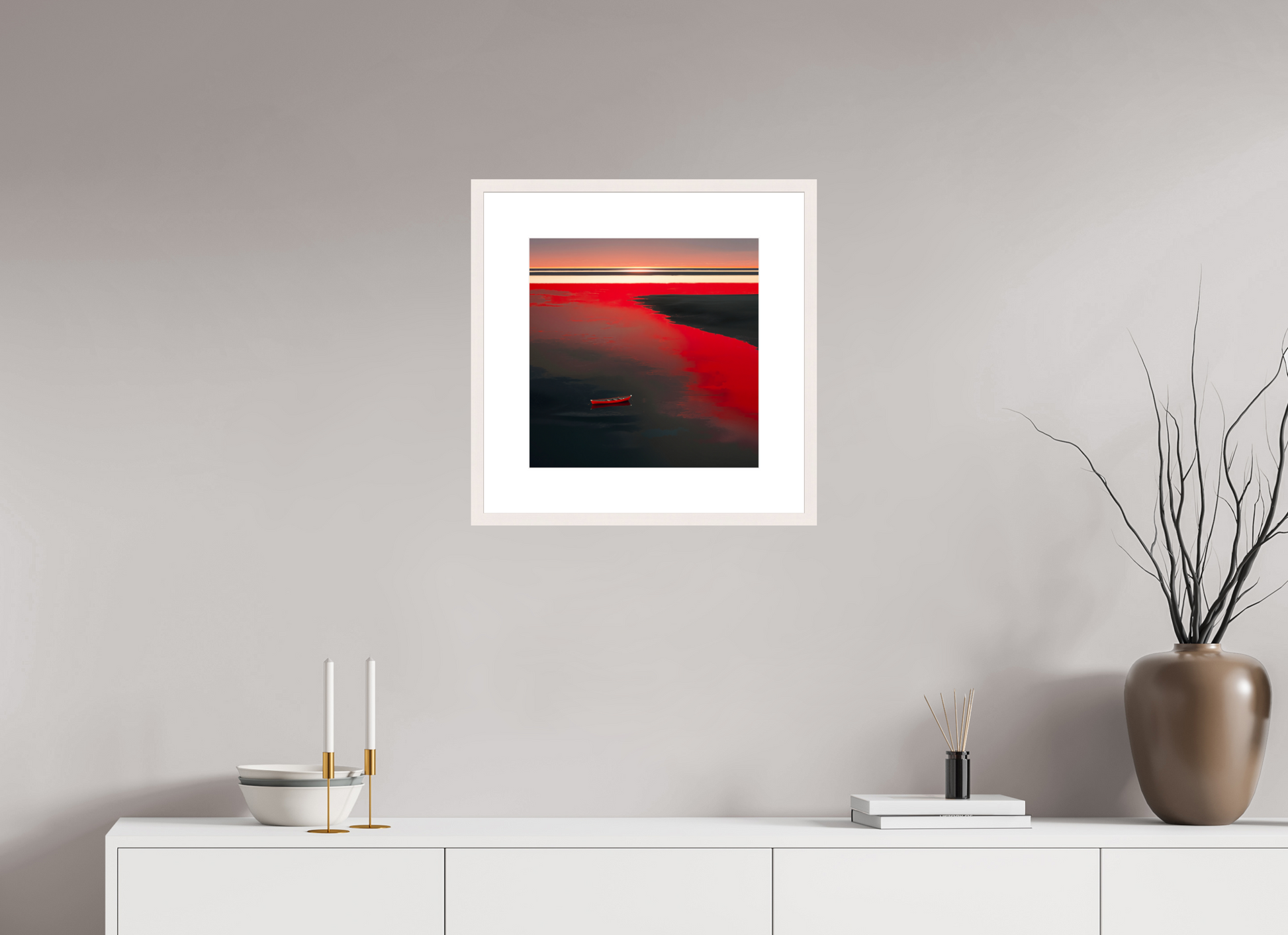 40 x 40 cm, Fine Art Print gerahmt Allein im Rot