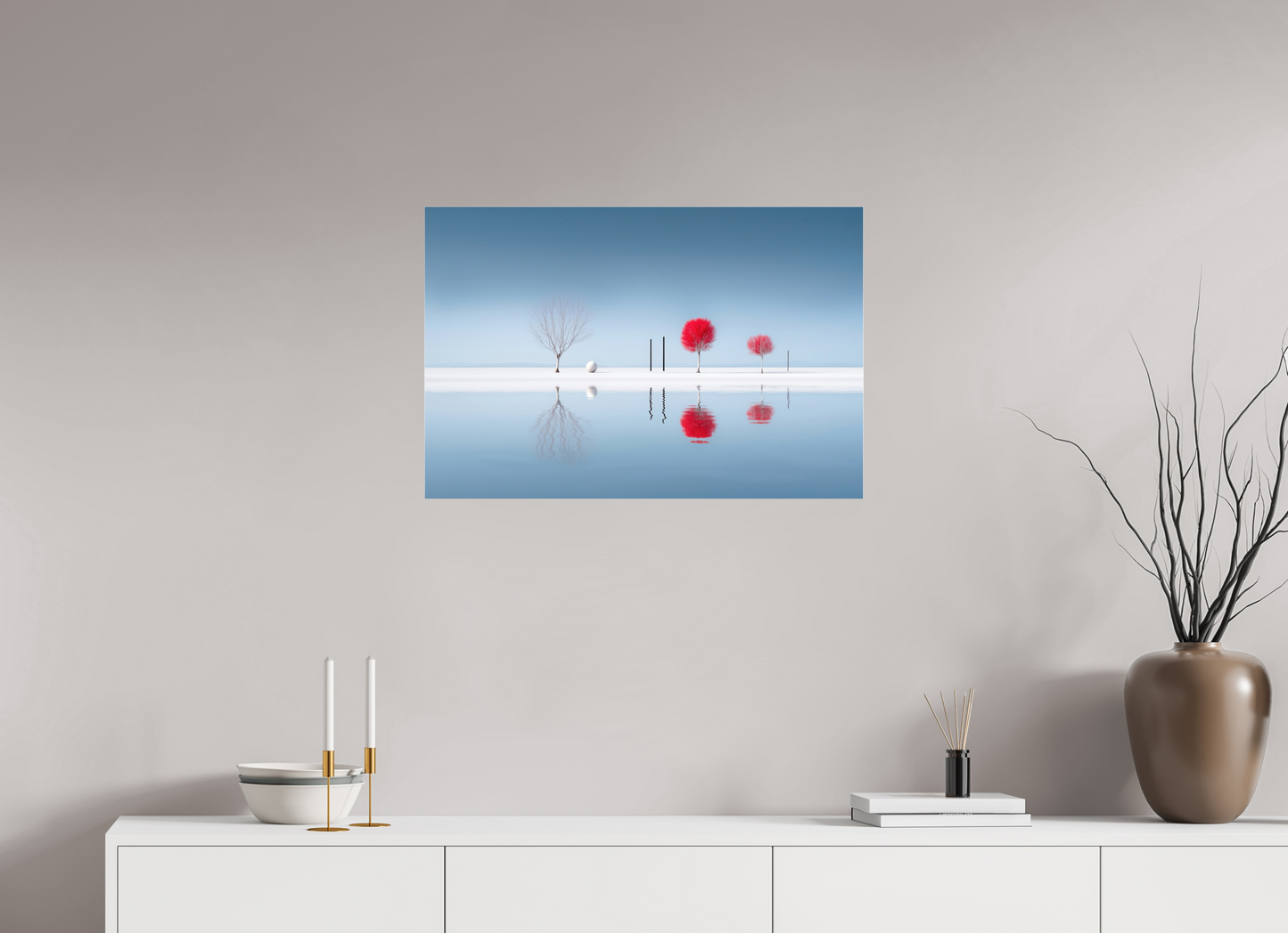 75 x 50 cm, Acrylglas glänzend standard Rote Stille am Ufer—Wandkunst, Fine Art Print, Leinwand, Acryldruck, Alu-Dibond