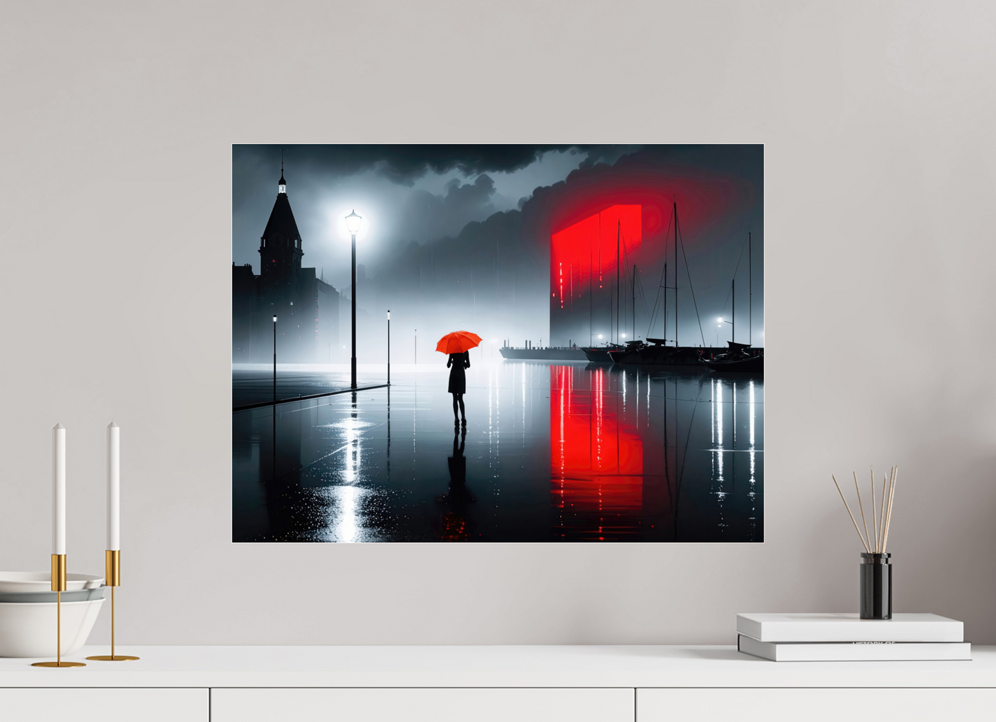 60 x 45 cm, Acrylglas glänzend standard Frau am Seglerhafen bei Nacht-01