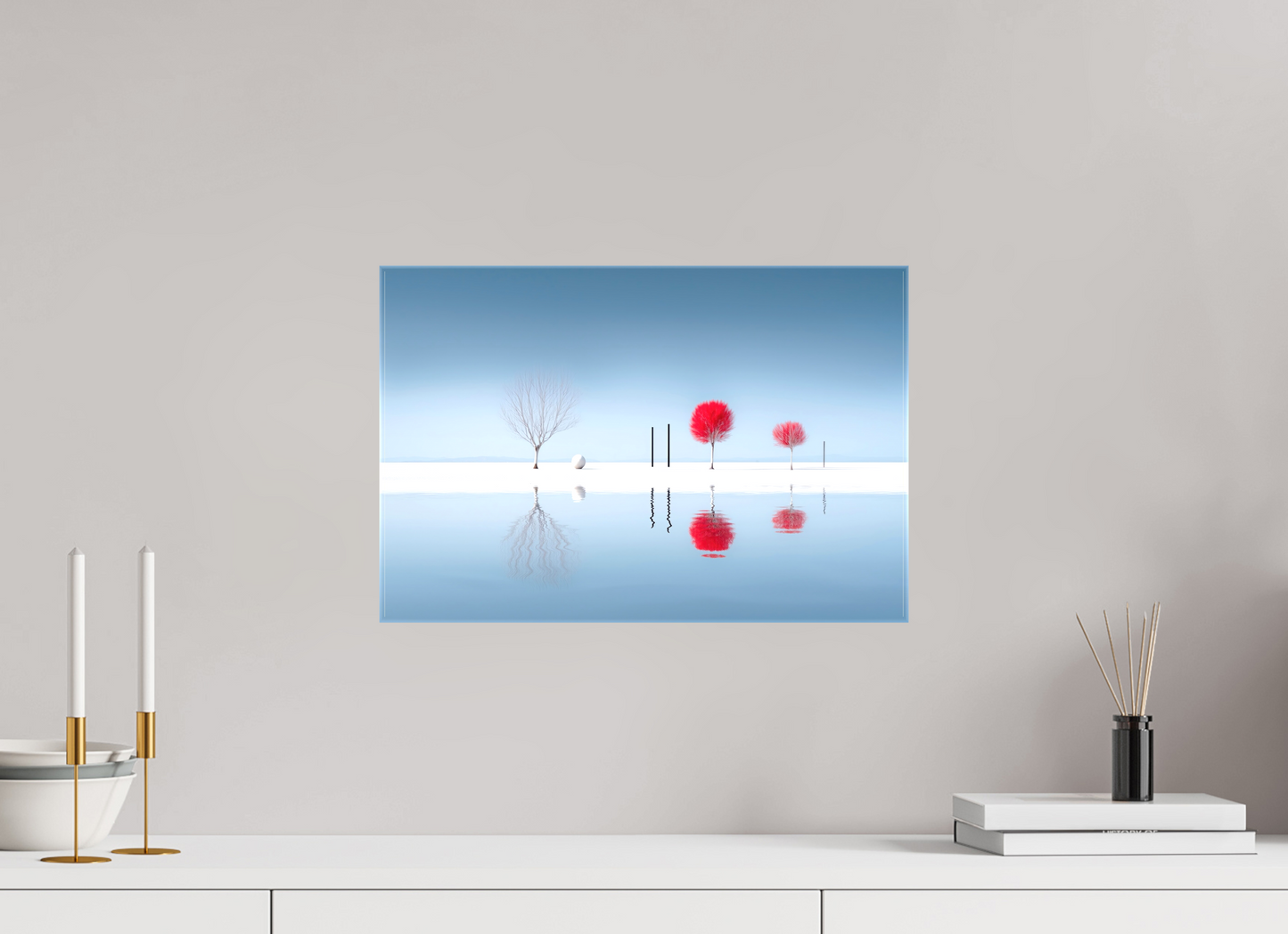 45 x 30 cm, Leinwand glänzend Rote Stille am Ufer—Wandkunst, Fine Art Print, Leinwand, Acryldruck, Alu-Dibond