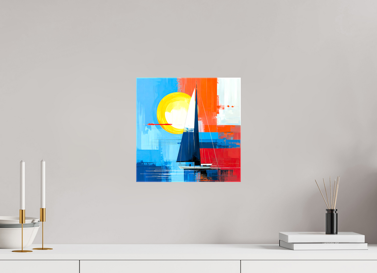 30 x 30 cm, Leinwand glänzend Segelboot-Kunst – Licht, Farbe und Bewegung