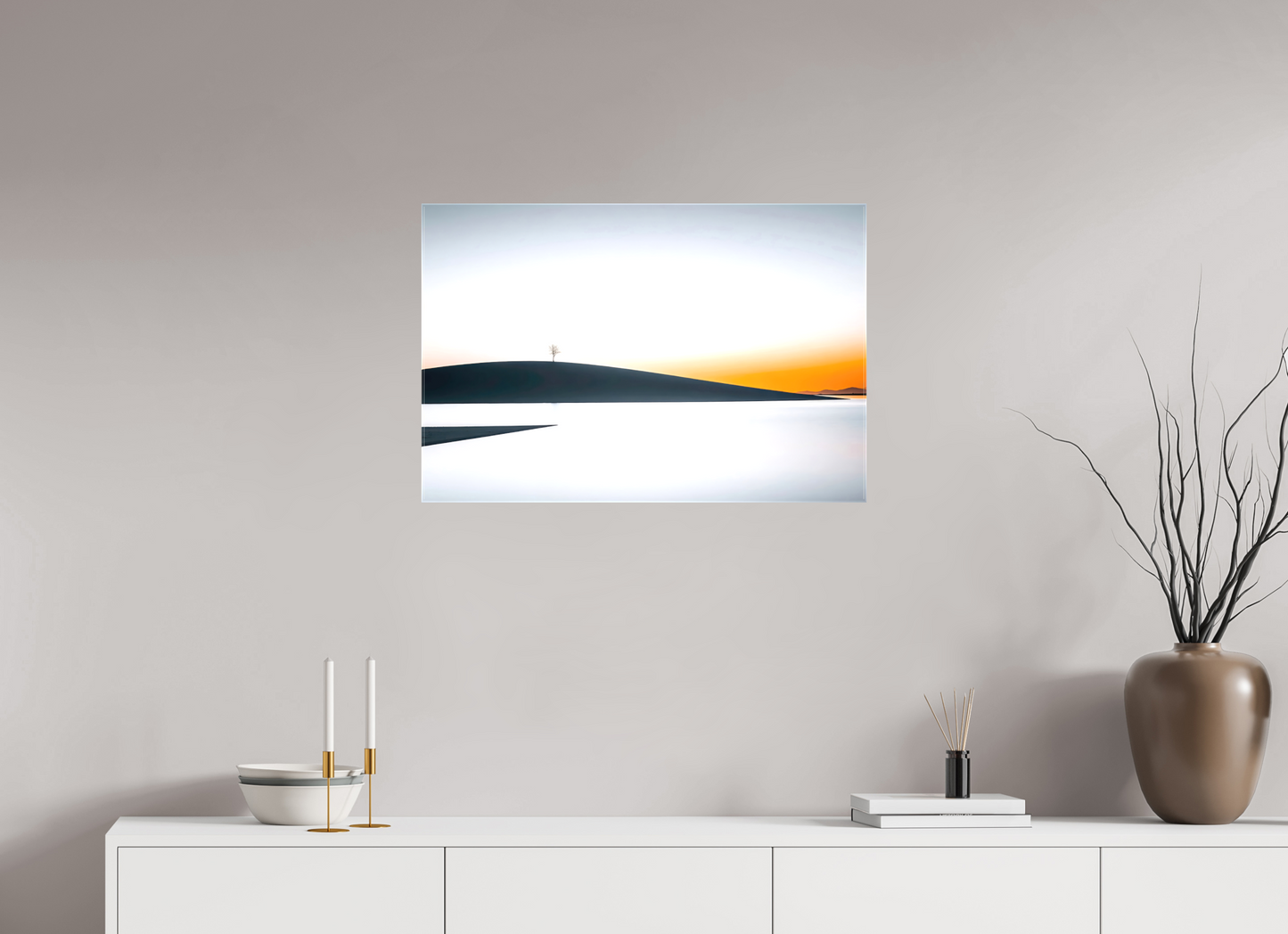 75 x 50 cm, Leinwand glänzend Einsamer Baum im Abendlicht—Wandkunst, Fine Art Print, Leinwand, Acryldruck, Alu-Dibond