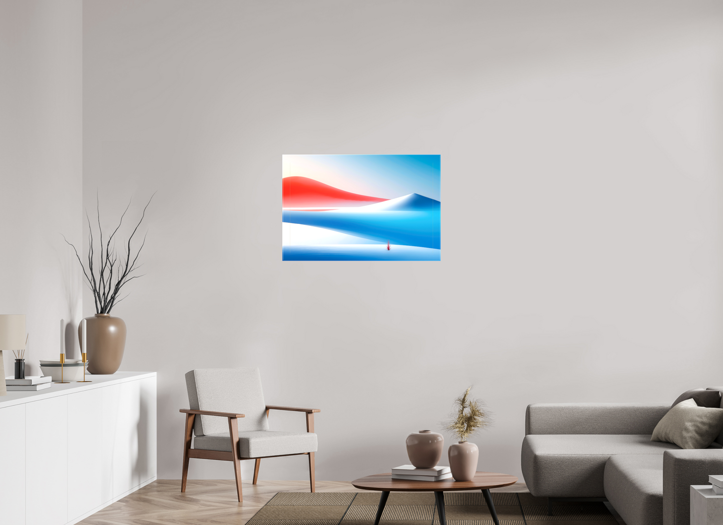 90 x 60 cm, Leinwand glänzend Rotes Leuchten, blaue Stille