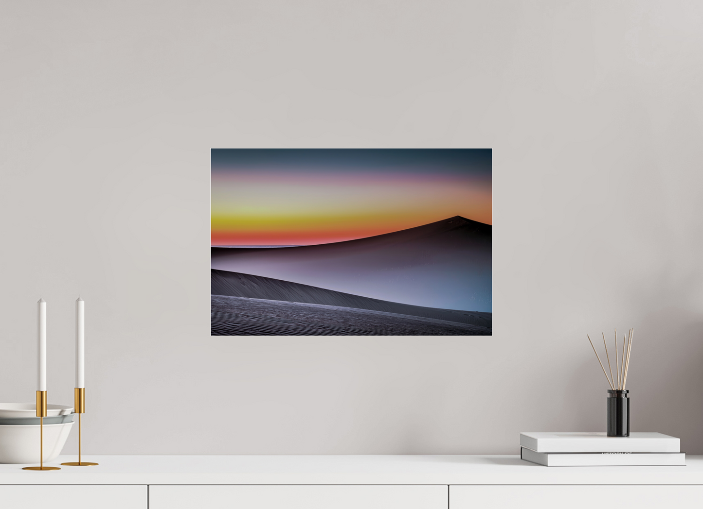 45 x 30 cm, Acrylglas glänzend standard Dämmerung über der Düne—Wandkunst, Fine Art Print, Leinwand, Acryldruck, Alu-Dibond