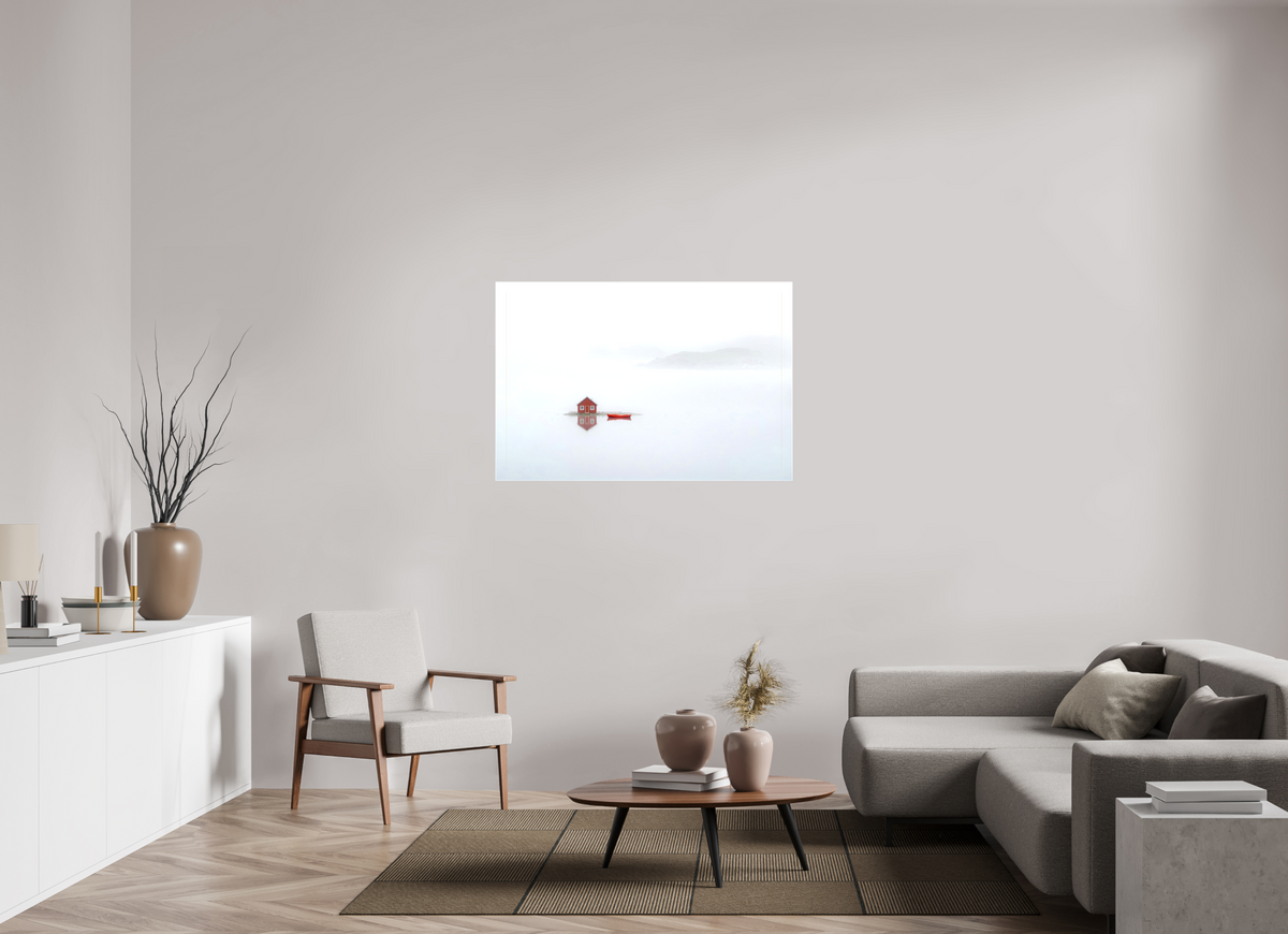 120 x 80 cm, Leinwand glänzend Im Küstennebel ein Zuhause--Wandkunst, Fine Art Print, Leinwand, Acryldruck, Alu-Dibond