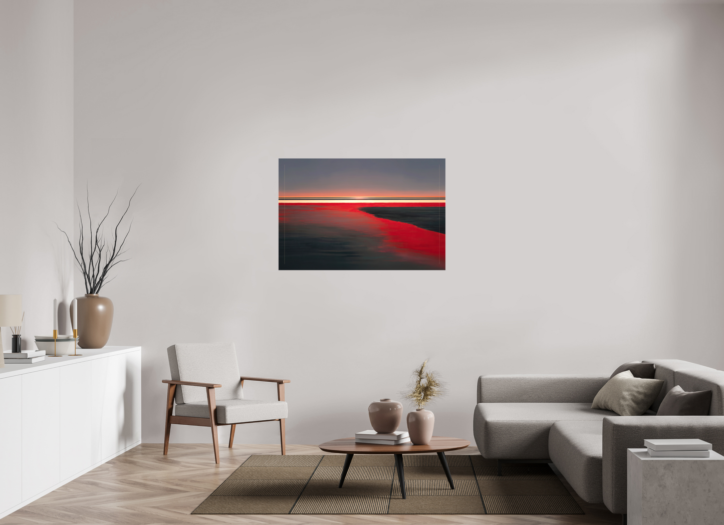 120 x 80 cm, Leinwand glänzend Roter Spiegel des Watts, Abstraktes, surreales Wandbild zeigt die Magie des Wattenmeeres