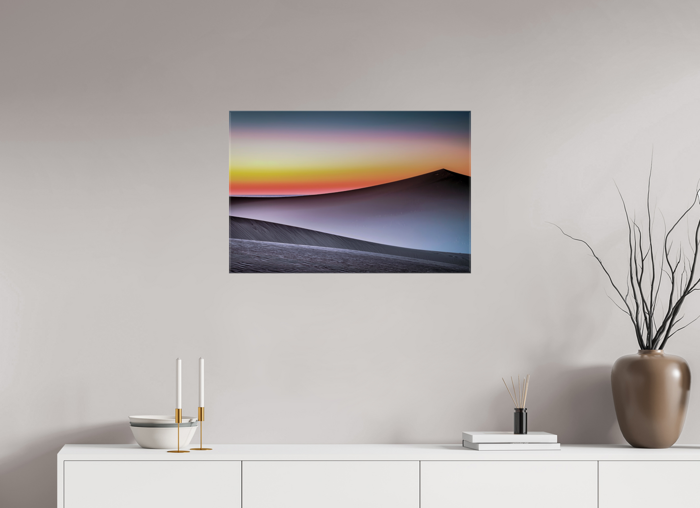 75 x 50 cm, Leinwand glänzend Dämmerung über der Düne—Wandkunst, Fine Art Print, Leinwand, Acryldruck, Alu-Dibond