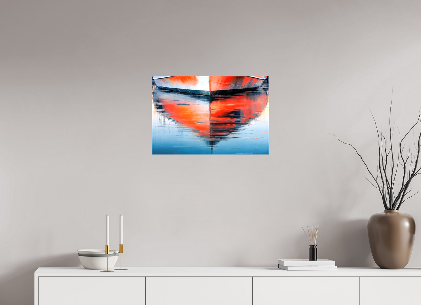60 x 40 cm, Leinwand glänzend Wasserspiegelung Bootsrumpf-01—Wandkunst, Fine Art Print, Leinwand, Acryldruck, Alu-Dibond