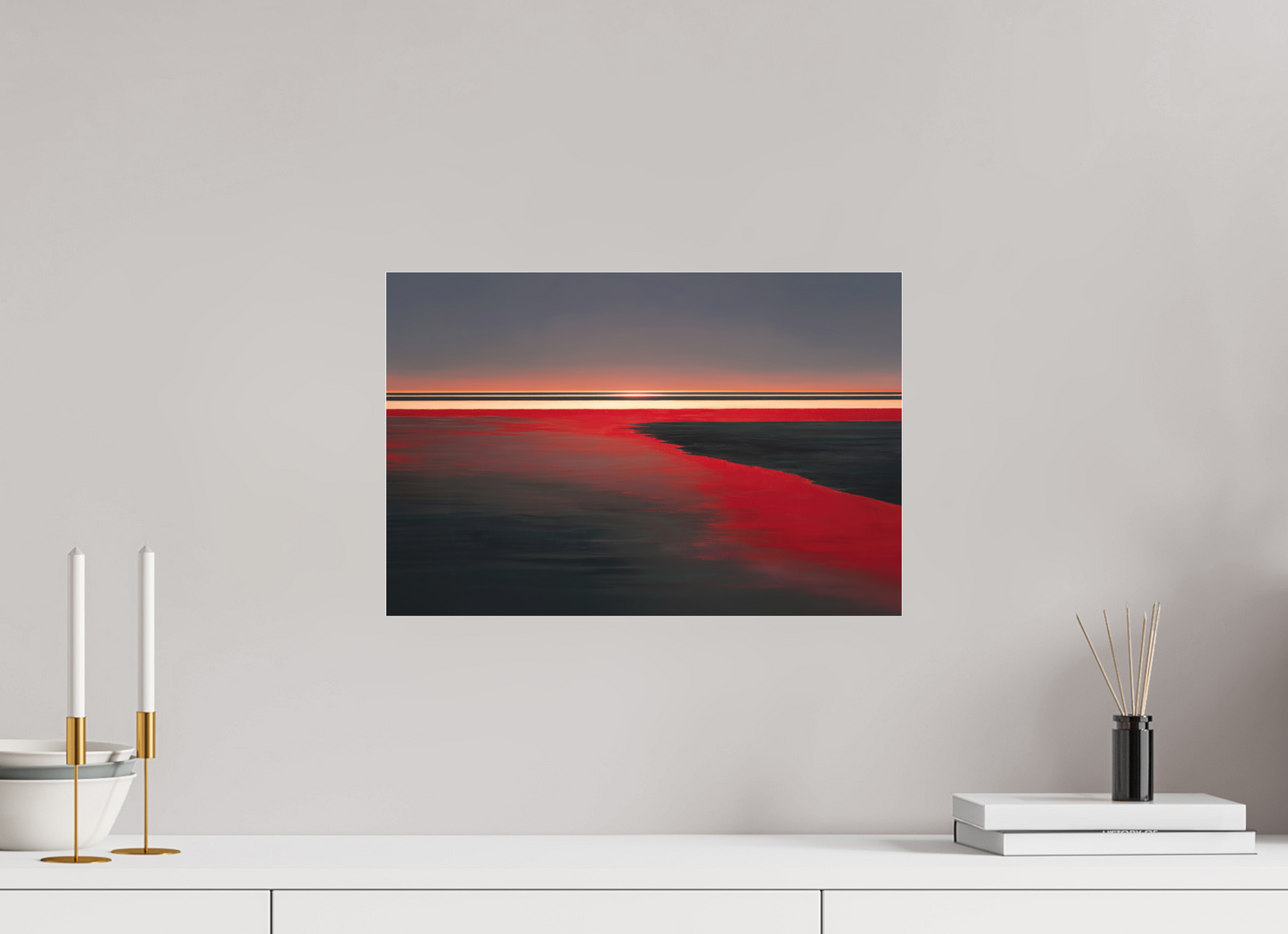 45 x 30 cm, Fine Art Pigmentdruck hinter Acrylglas Roter Spiegel des Watts, Abstraktes, surreales Wandbild zeigt die Magie des Wattenmeeres