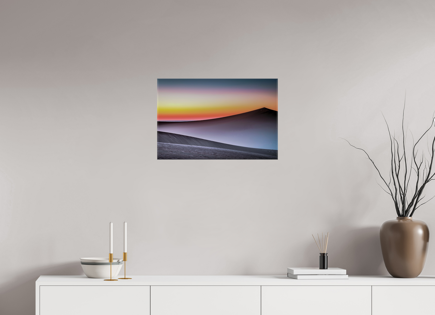60 x 40 cm, Leinwand glänzend Dämmerung über der Düne—Wandkunst, Fine Art Print, Leinwand, Acryldruck, Alu-Dibond