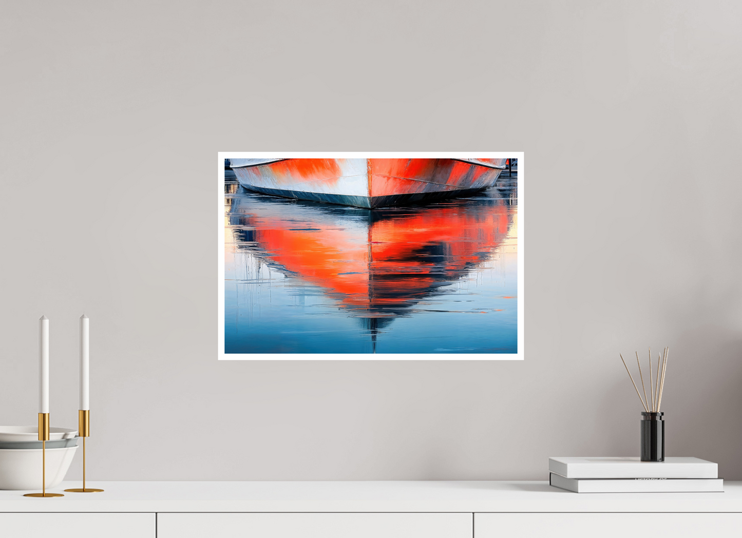 45 x 30 cm, Fine Art Print Hahnemühle Baryta Wasserspiegelung Bootsrumpf-01—Wandkunst, Fine Art Print, Leinwand, Acryldruck, Alu-Dibond