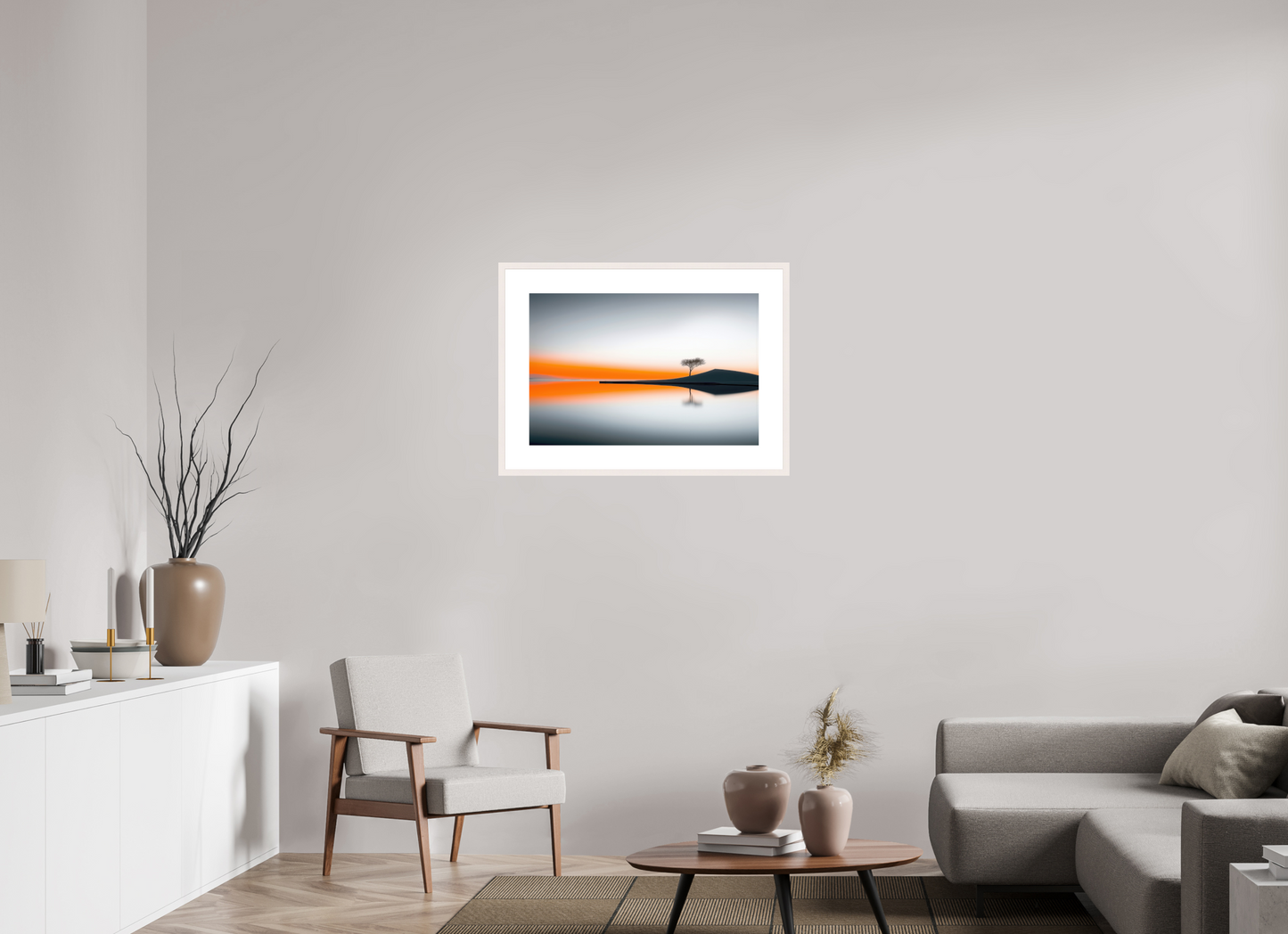 75 x 50 cm, Fine Art Print gerahmt Uferlinie im Morgenlicht