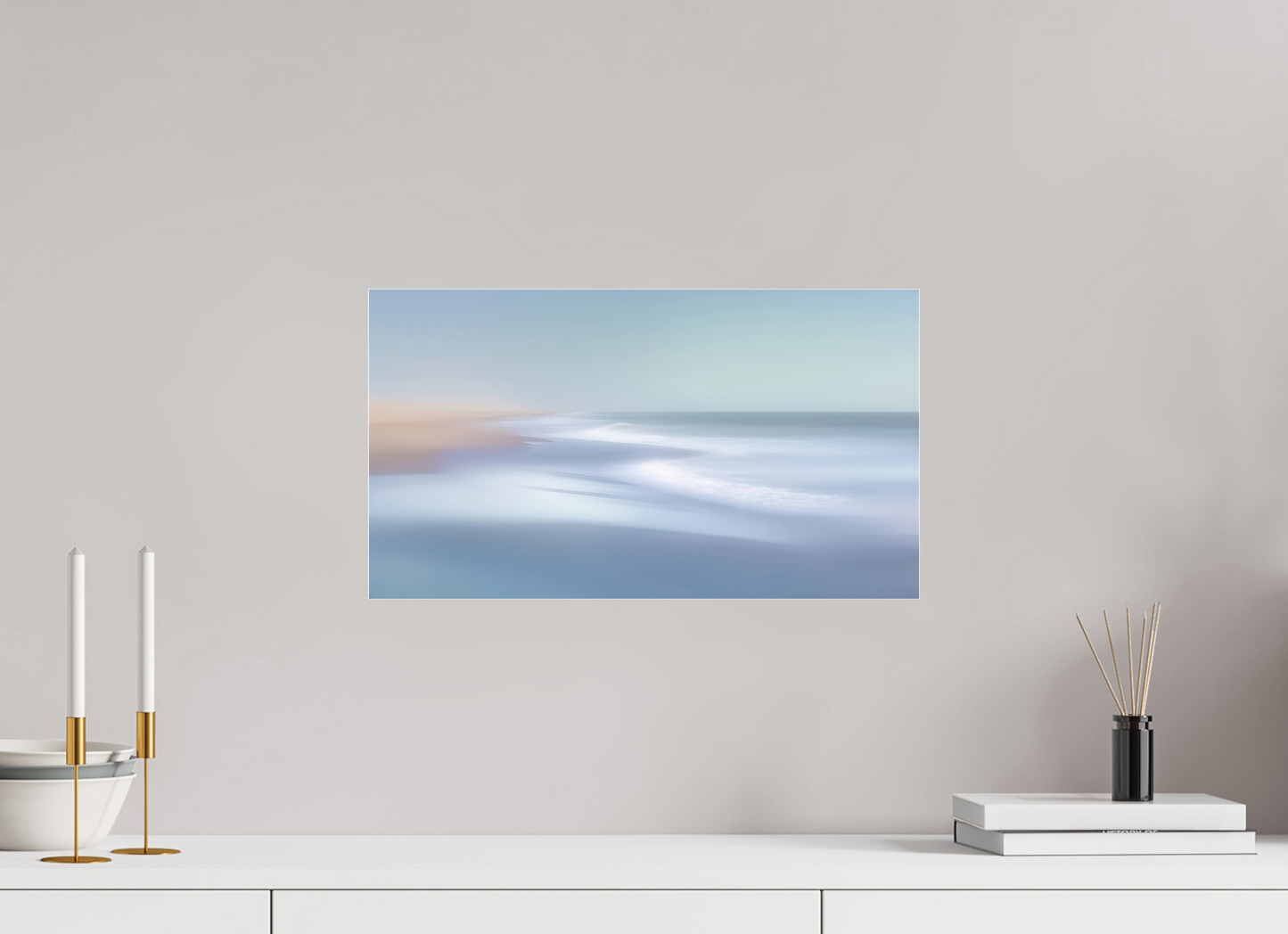 48 x 27 cm, Fine Art Pigmentdruck hinter Acrylglas Verwehter Horizont – Strandlicht in Blau—Wandkunst, Fine Art Print, Leinwand, Acryldruck, Alu-Dibond