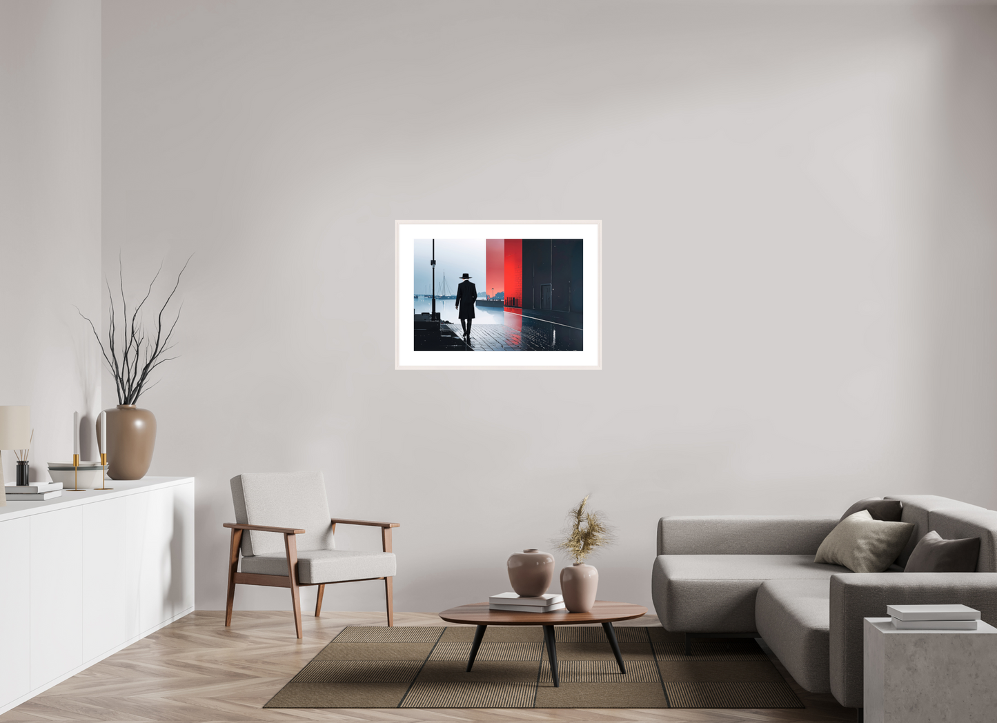 90 x 60 cm, Fine Art Print gerahmt Mann in Hafenstadt -noir city- 01