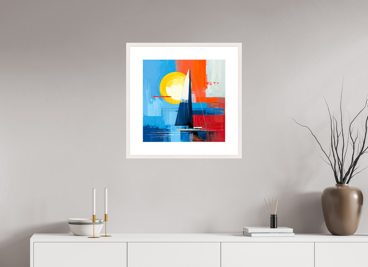 50 x 50 cm, Fine Art Print gerahmt Segelboot-Kunst – Licht, Farbe und Bewegung