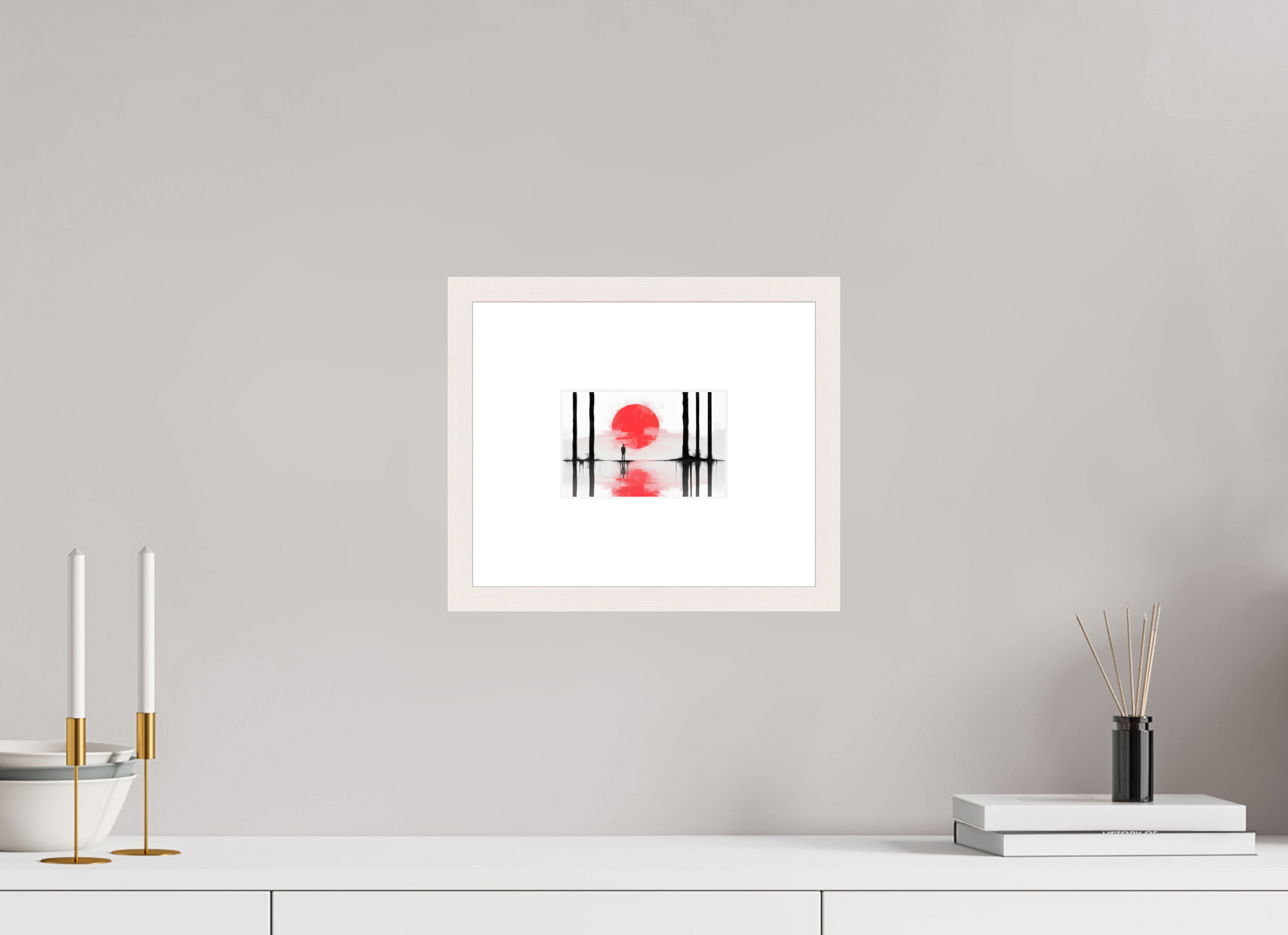 15 x 10 cm, Fine Art Print gerahmt Rote Sonne, Stille Küste