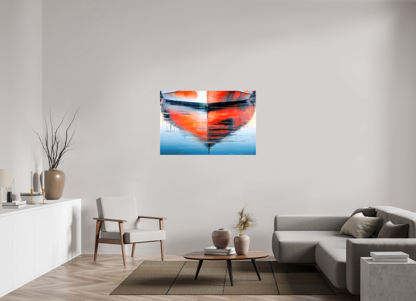 120 x 80 cm, Leinwand glänzend Wasserspiegelung Bootsrumpf-01—Wandkunst, Fine Art Print, Leinwand, Acryldruck, Alu-Dibond
