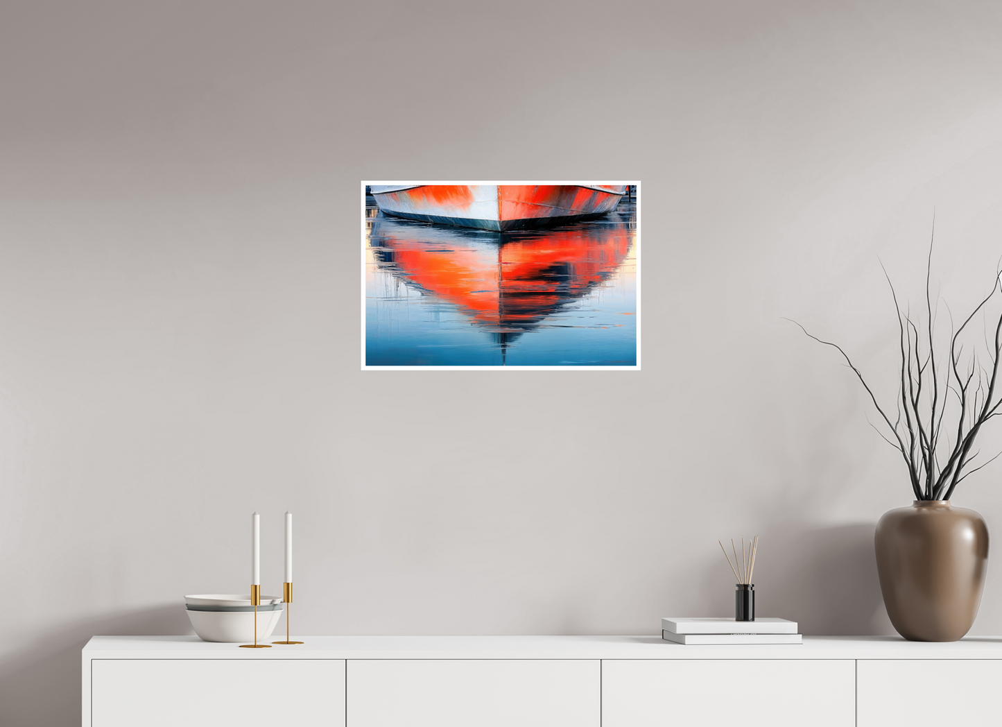 60 x 40 cm, Fine Art Print Hahnemühle Baryta Wasserspiegelung Bootsrumpf-01—Wandkunst, Fine Art Print, Leinwand, Acryldruck, Alu-Dibond