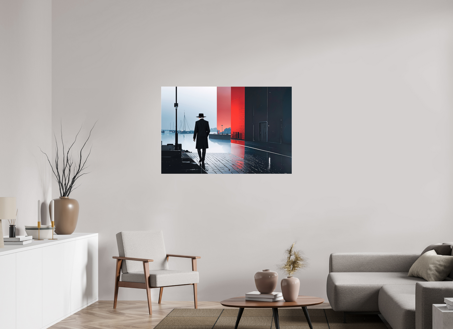 120 x 80 cm, Acrylglas glänzend standard Mann in Hafenstadt -noir city- 01