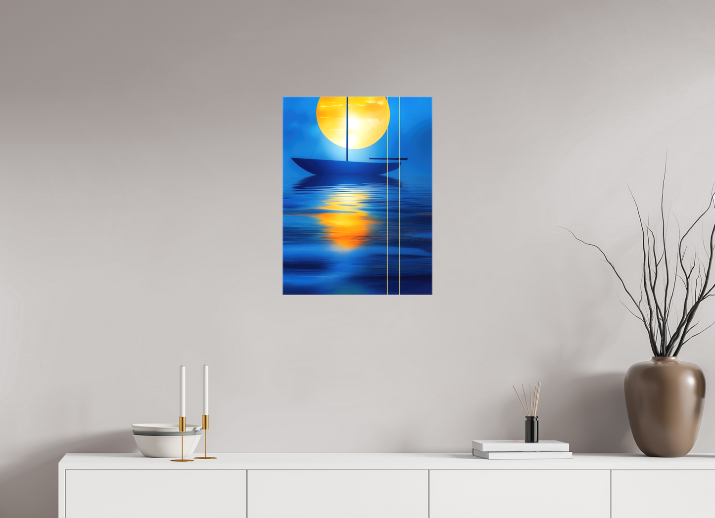 45 x 60 cm, Leinwand glänzend Segel im goldenen Kreis—Wandkunst, Fine Art Print, Leinwand, Acryldruck, Alu-Dibond